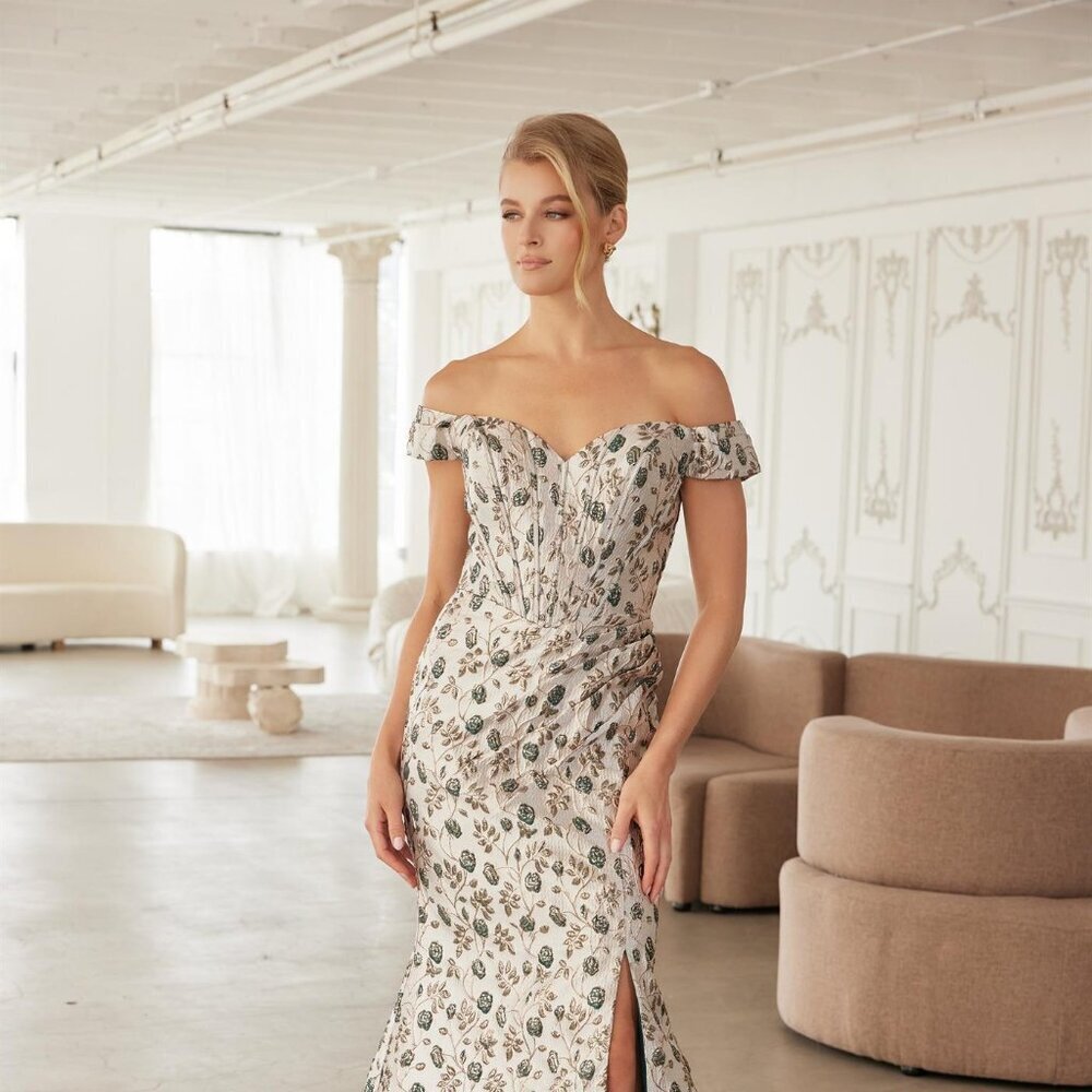 New Gold-Green Off The Shoulder Mother Of Bride Gown w/ Floral Motif NX MJ142